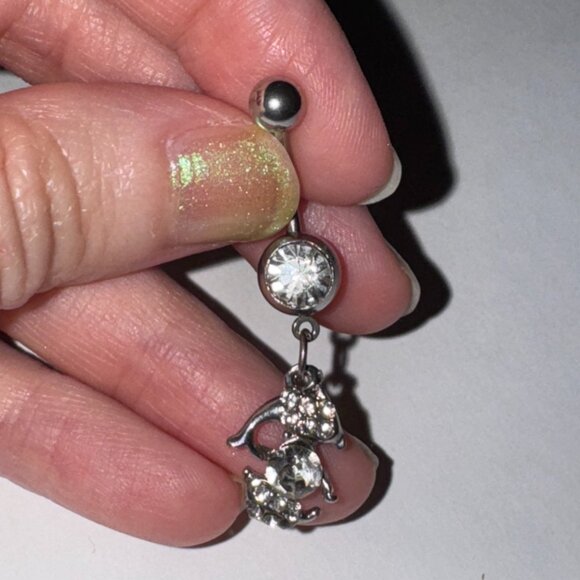 Clear Rhinestone Dolphin Dangle Belly Ring - Picture 1 of 12